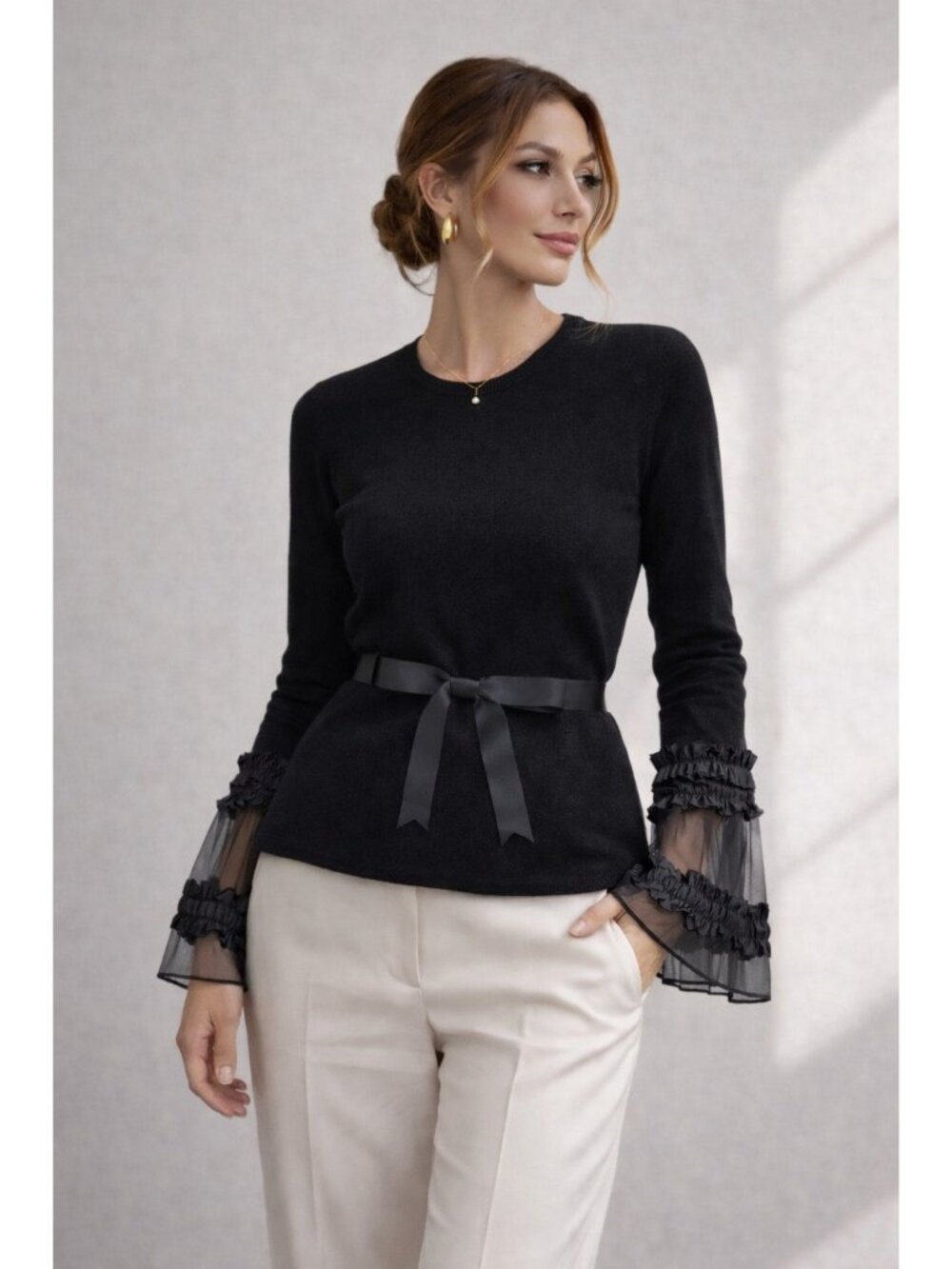 Mira New York Cashmere Wool Black Top Size 2 Sheer Ruffle Sleeve Bow Belt